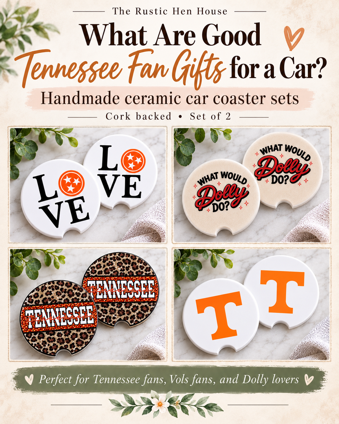 Tennessee fan gift ideas featuring handmade ceramic car coaster sets from The Rustic Hen House
