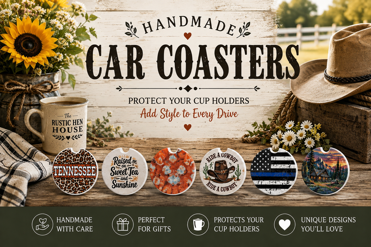 Handmade car coaster collection featuring decorative designs that add personality and style to your vehicle’s cup holders.