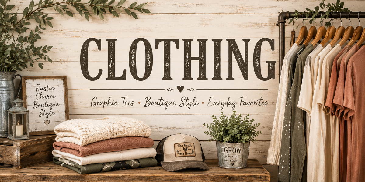 Rustic boutique Clothing collection banner with neutral apparel, clothing rack, folded garments, greenery, and farmhouse-style décor.
