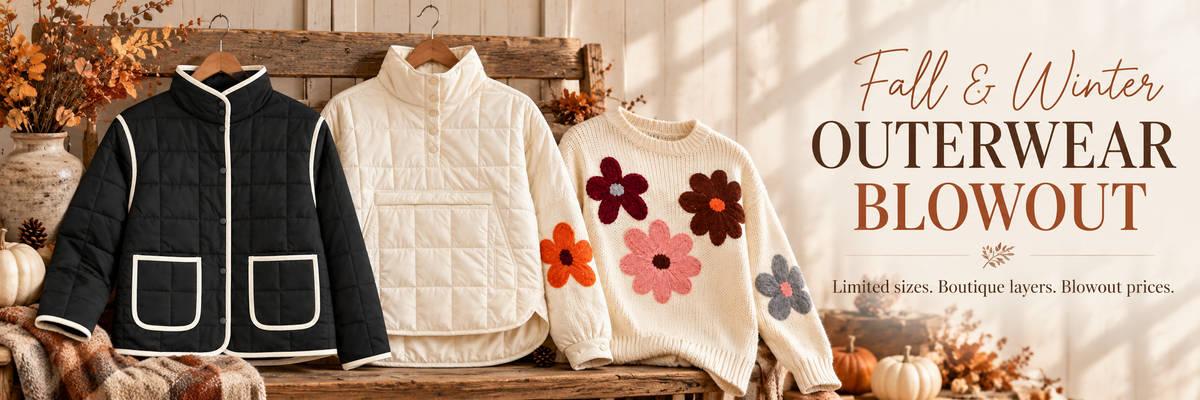 Fall and Winter Outerwear Blowout featuring boutique jackets, sweaters, puffers and floral knit styles