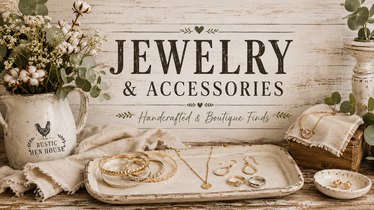 Rustic farmhouse jewelry collection banner with bracelets, earrings, necklaces, and greenery displayed on vintage wood and neutral linens.