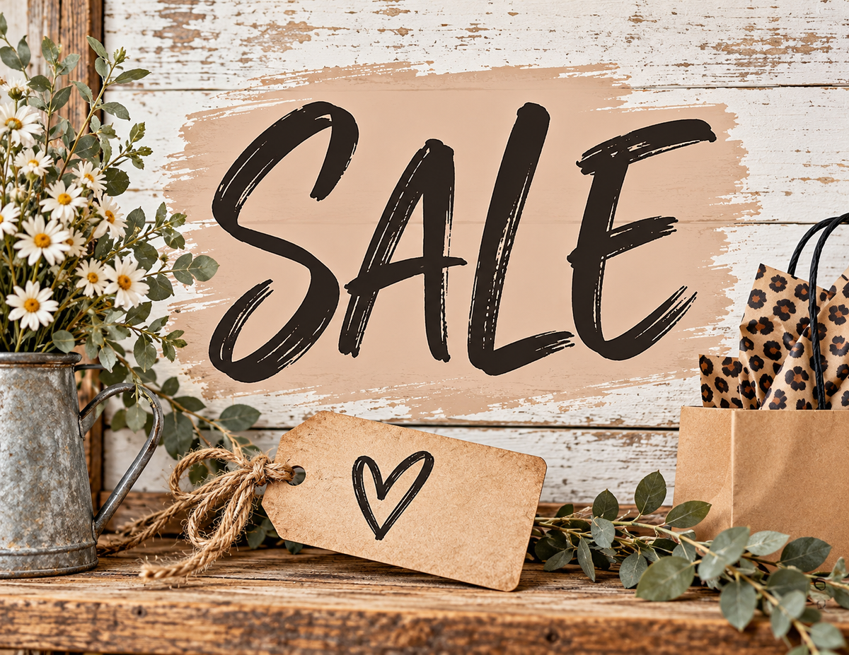 Rustic boutique SALE graphic for The Rustic Hen House featuring bold lettering, farmhouse wood background, white daisies, greenery, and a shopping bag with leopard print tissue paper.