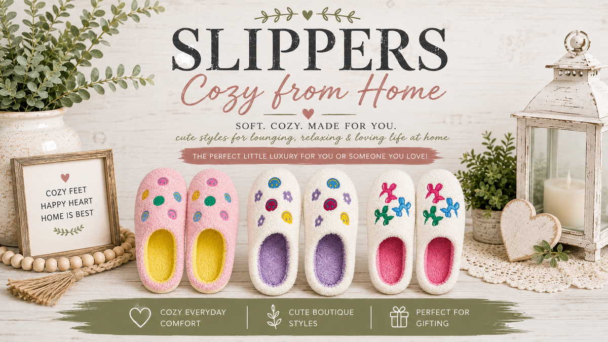 Slippers collection banner featuring pink and ivory fuzzy slippers with colorful embroidered designs in a cozy farmhouse setting