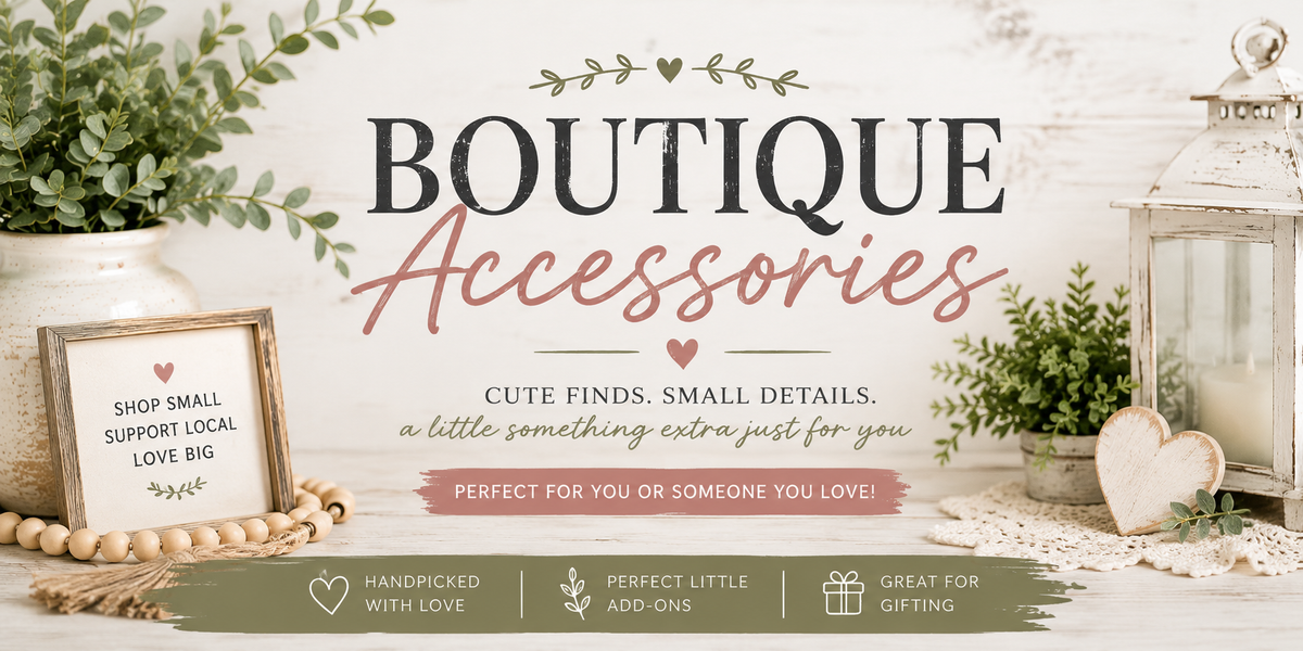 Boutique accessories including beaded coin purses, bracelets, hand creams and colorful giftable accessories from The Rustic Hen House