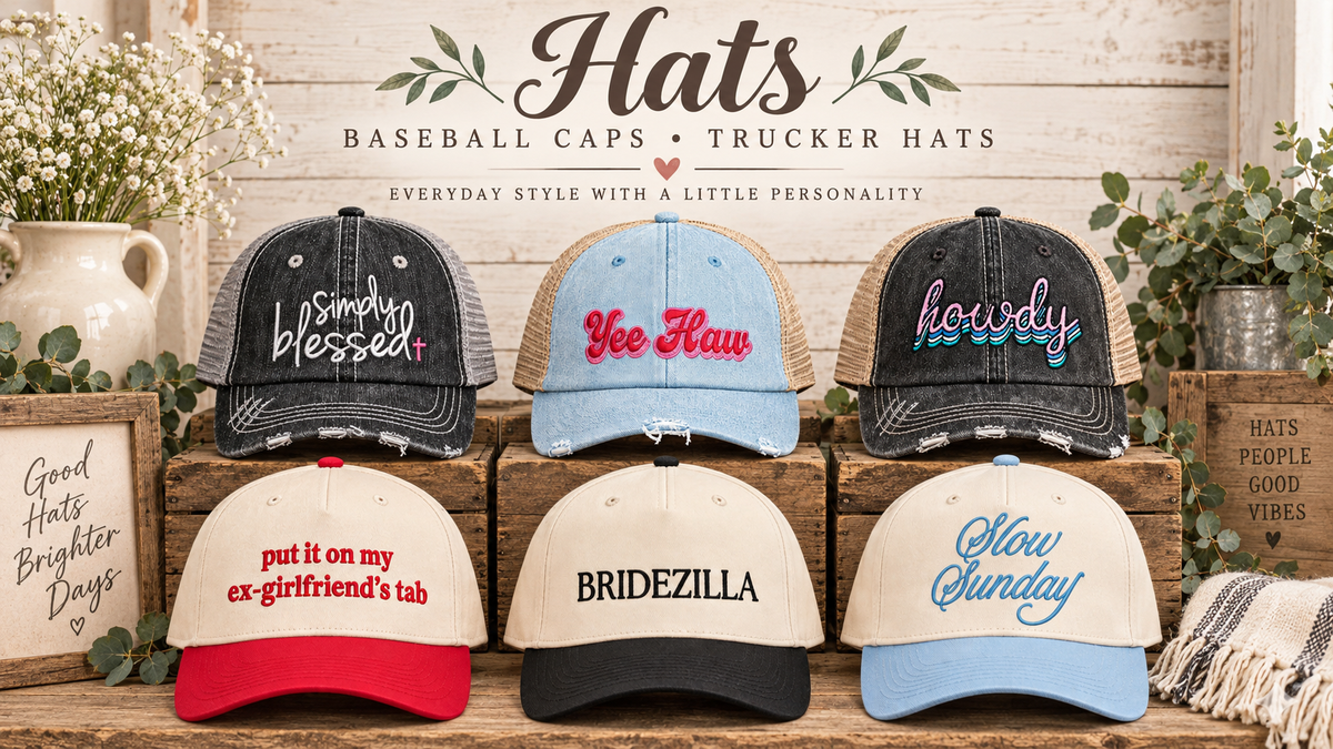 Hats collection featuring boutique trucker hats and baseball caps in country-inspired, casual, and everyday styles from The Rustic Hen House.