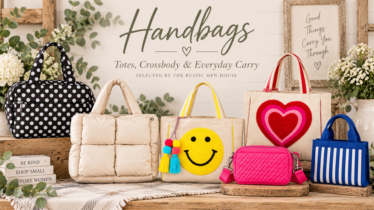 Boutique handbag collection banner featuring totes, crossbody bags, quilted styles, and colorful everyday bags selected by The Rustic Hen House.