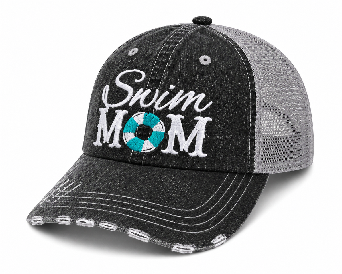 Side view of Swim Mom trucker hat in distressed black with gray mesh back and white embroidered lettering, shown on a white background.
