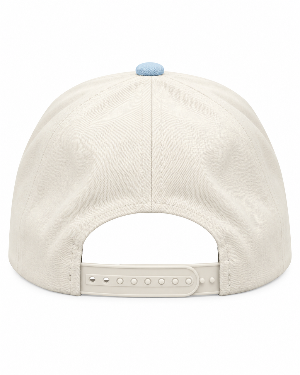 Back view of Slow Sunday Baseball Cap showing solid cream back panel and cream plastic snapback closure with light blue button top on white background
