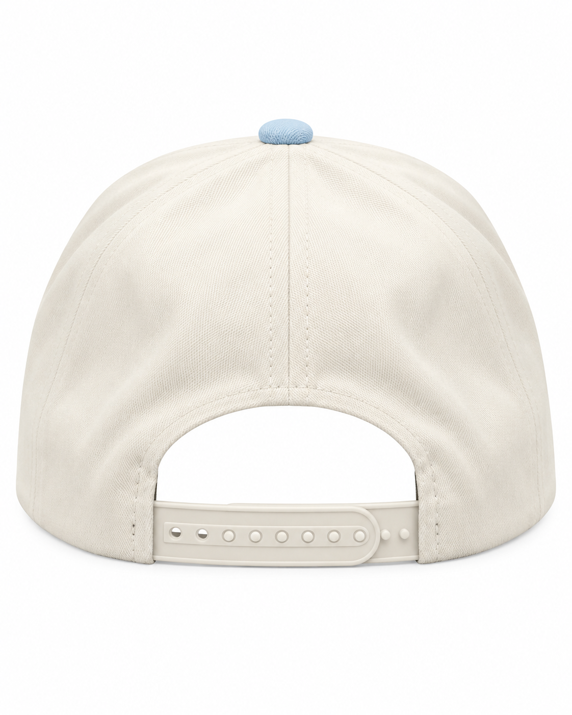 Back view of Slow Sunday Baseball Cap showing solid cream back panel and cream plastic snapback closure with light blue button top on white background
