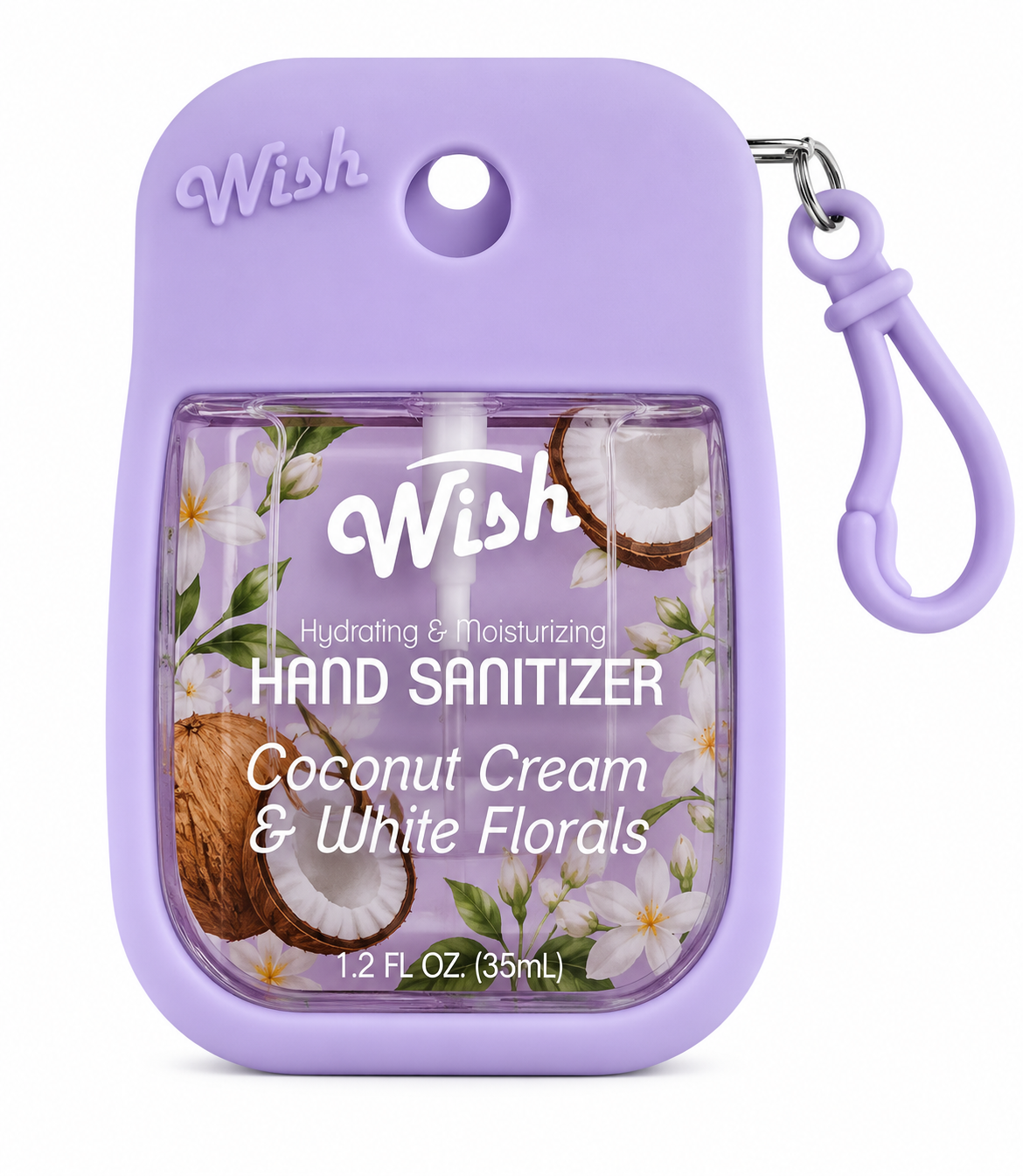A lavender purple Wish brand hand sanitizer bottle in a protective silicone case with a matching purple carabiner clip, featuring a tropical coconut and white flower design on the label.