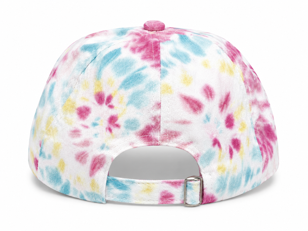 Back view of Tie-Dye Smiley Face Cap showing tie-dye solid back panels and adjustable slide buckle closure, on a white background.

