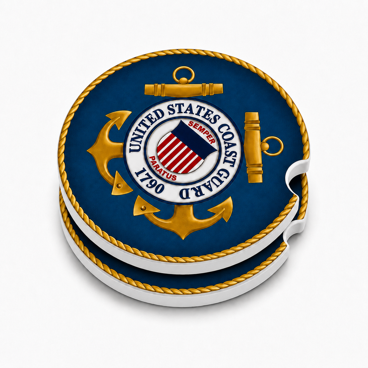 United States Coast Guard ceramic car coasters stacked showing thickness and finger notch cutout, official USCG emblem on navy blue, set of 2