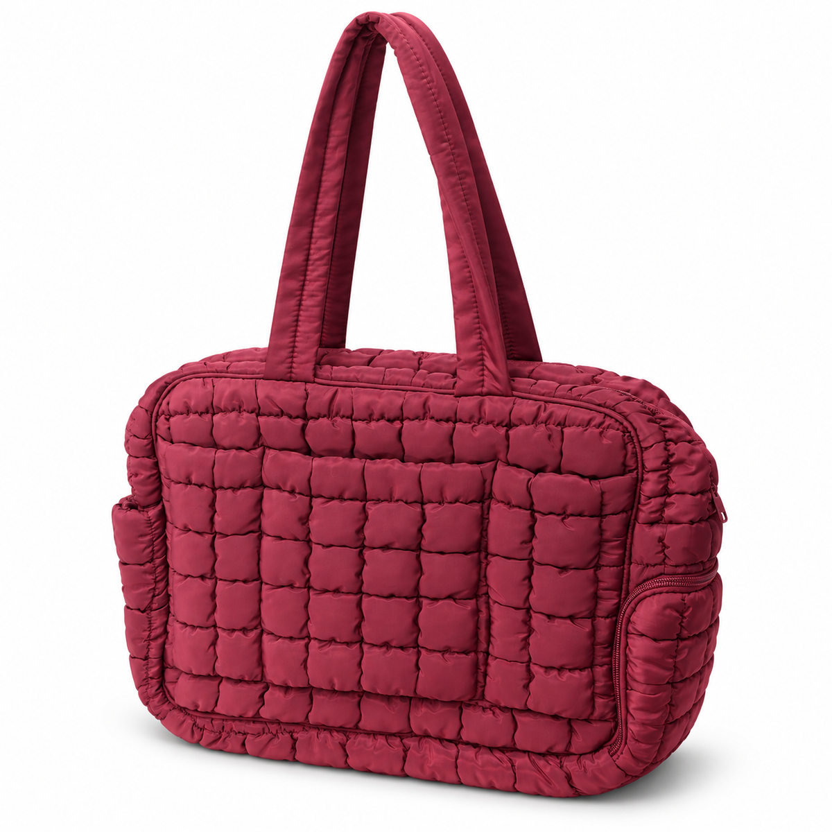Wine Quilted Puffer Tote Bag three-quarter angle view showing rich wine burgundy puffer nylon with grid square quilted pattern, dual flat padded shoulder handles, zippered top closure, and side zippered pocket on white background
