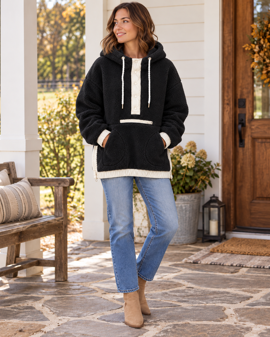 Woman wearing a black two-toned sherpa pullover hoodie with ivory trim, white rope drawstrings, and front pockets, styled with jeans and tan boots
