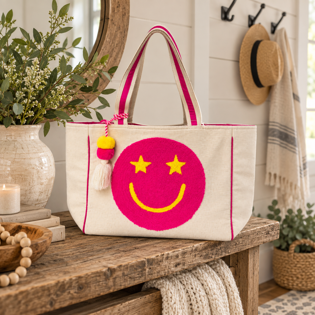 Pink Star Smiley Canvas Tote Bag on rustic wood bench showing natural canvas with oversized hot pink chenille smiley face, pink-striped handles, and pom-pom tassel charm beside white ceramic vase of eucalyptus, wooden bead garland, stacked books, and wooden bowl against white shiplap wall with round wood mirror, black iron coat hooks, tan straw hat, and striped linen throw
