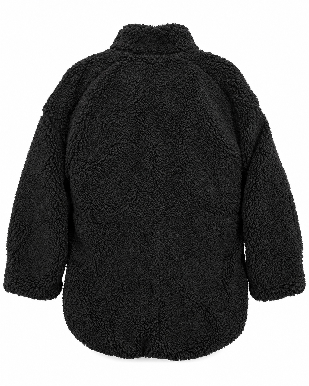 Back view of the black sherpa teddy jacket showing its stand-up collar, long sleeves, and longer curved back hem
