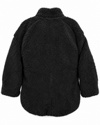 Back view of the black sherpa teddy jacket showing its stand-up collar, long sleeves, and longer curved back hem
