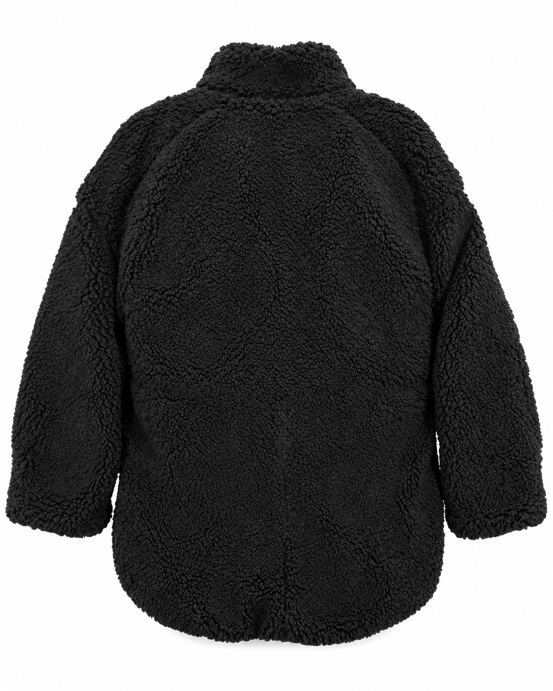 Back view of the black sherpa teddy jacket showing its stand-up collar, long sleeves, and longer curved back hem
