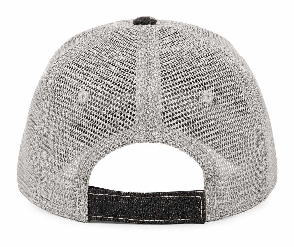 The back view of a light gray trucker-style baseball cap with a black adjustable strap and black button on a white background.
