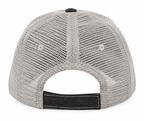 The back view of a light gray trucker-style baseball cap with a black adjustable strap and black button on a white background.