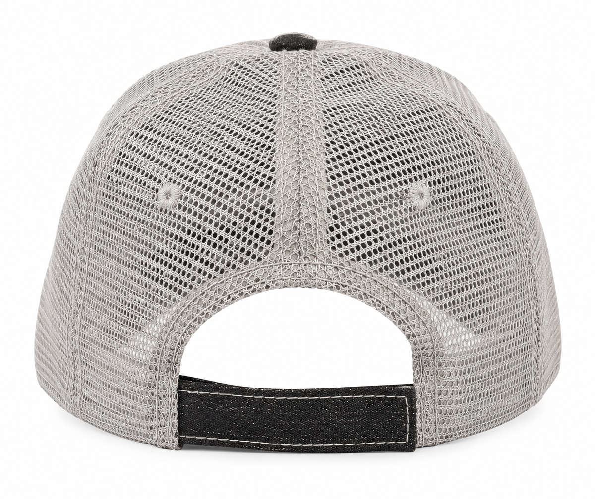 Back view of RV There Yet Trucker Hat showing full gray mesh back and black velcro closure tab on white background
