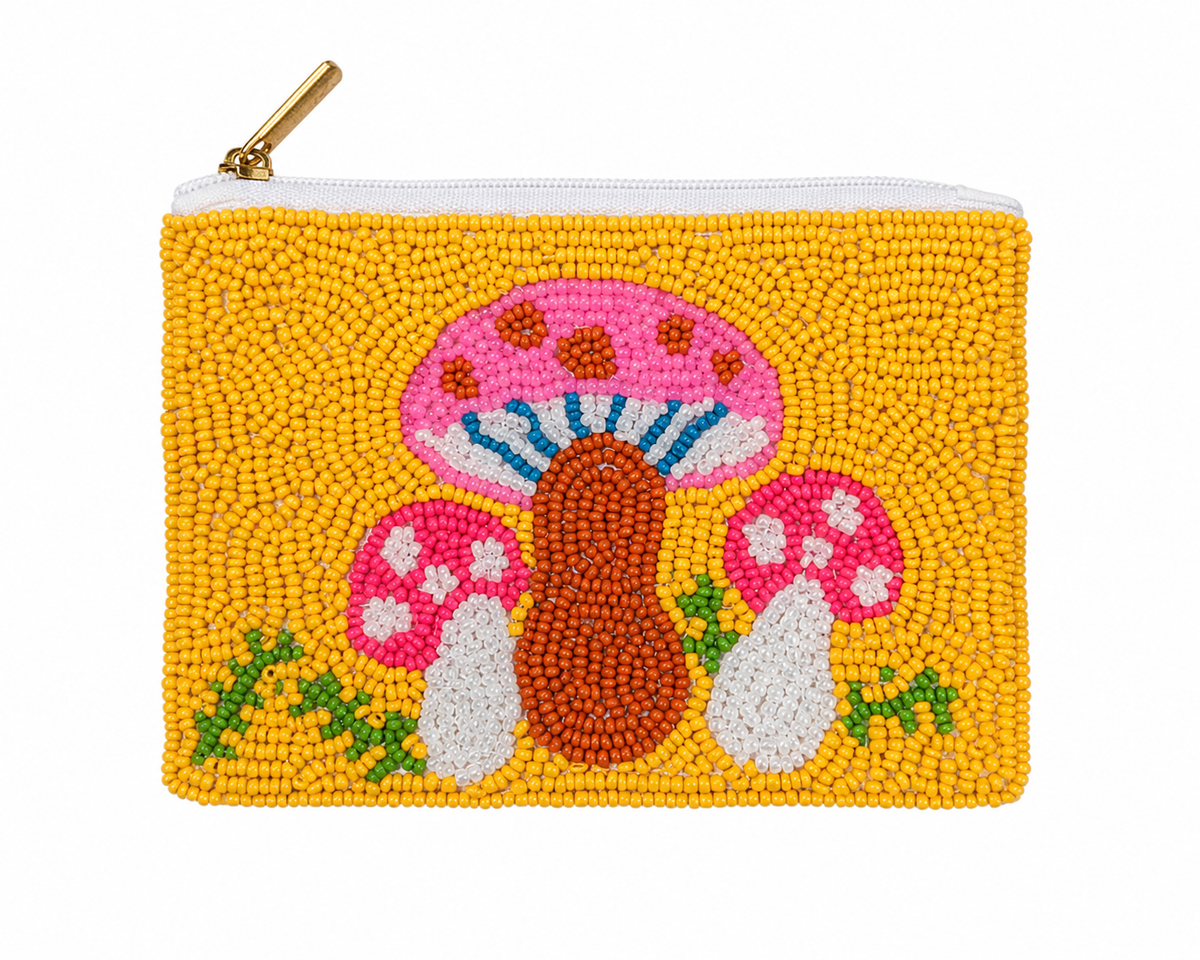 A yellow beaded zip pouch featuring a colorful mushroom design in pink, brown, white, and green, with a gold zipper pull, shown on a white background.