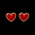 Red enamel heart stud earrings with polished gold-tone bezel trim shown as a pair front-facing on black background
