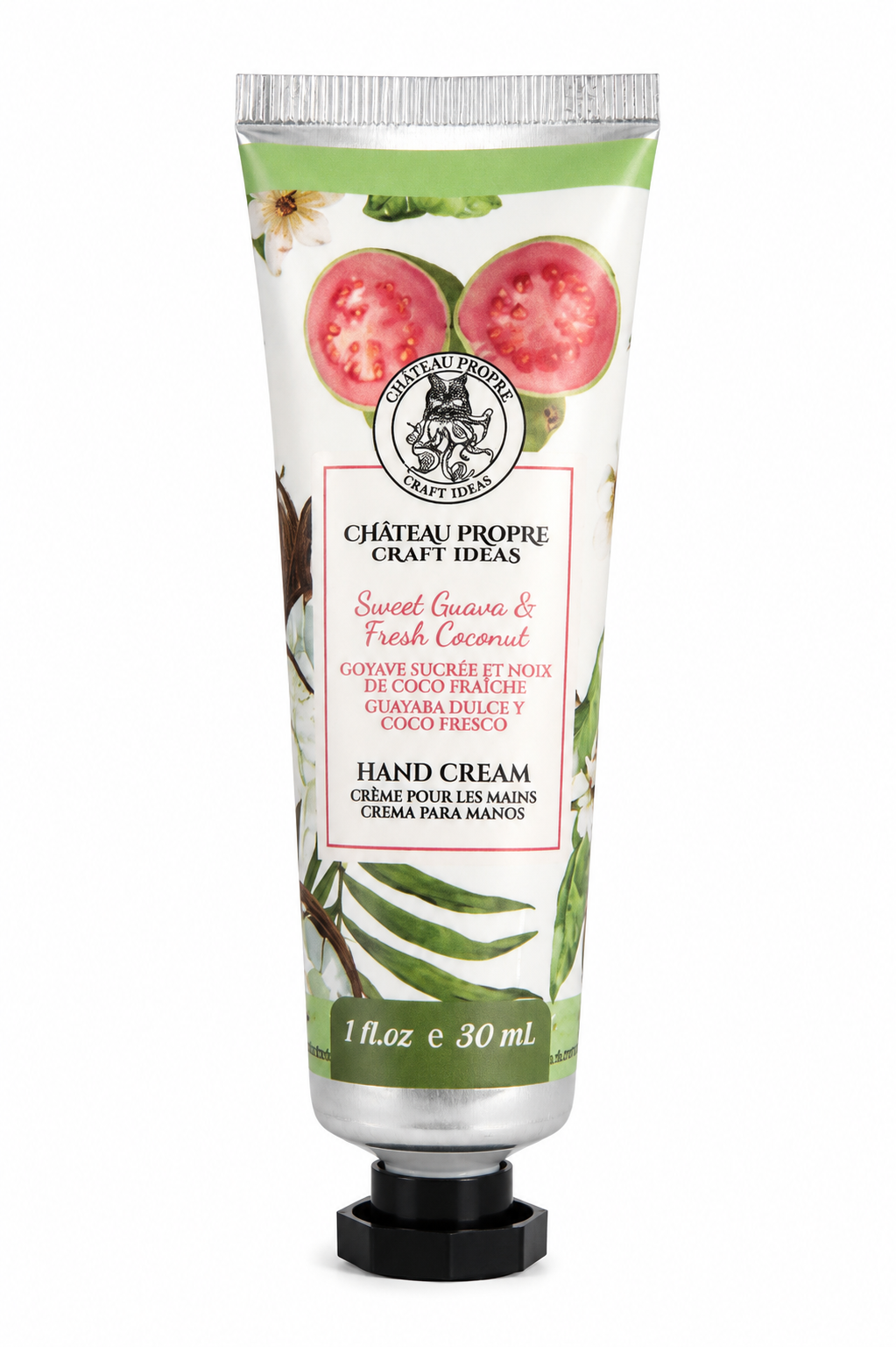 Château Propre Craft Ideas Sweet Guava & Fresh Coconut Hand Cream in a 1 fl oz squeeze tube with a black cap, featuring illustrations of guava fruit and green leaves on a white background.