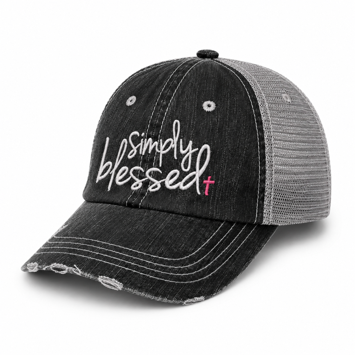 A distressed trucker cap featuring a washed black denim front panel and brim, a gray mesh back, and white embroidered text reading 'simply blessed' with a small pink cross accent.