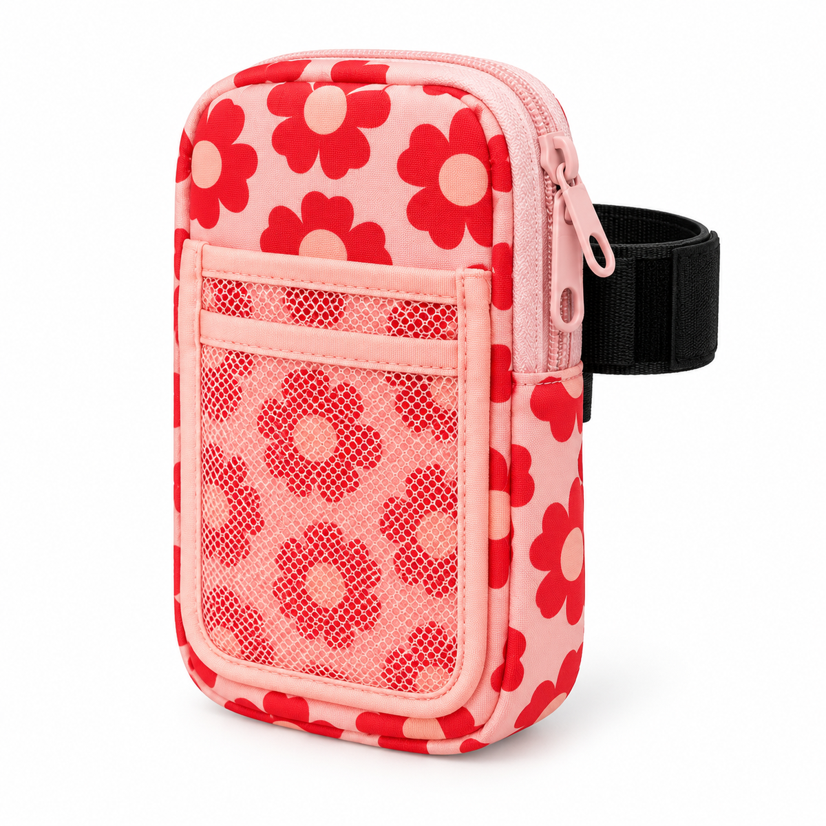 Pink Retro Floral Tumbler Pouch three-quarter angle view showing light pink all-over bold red retro daisy print, pink top zipper with pink pull, front slip pocket, pink mesh pocket, and black elastic tumbler attachment strap on white background
