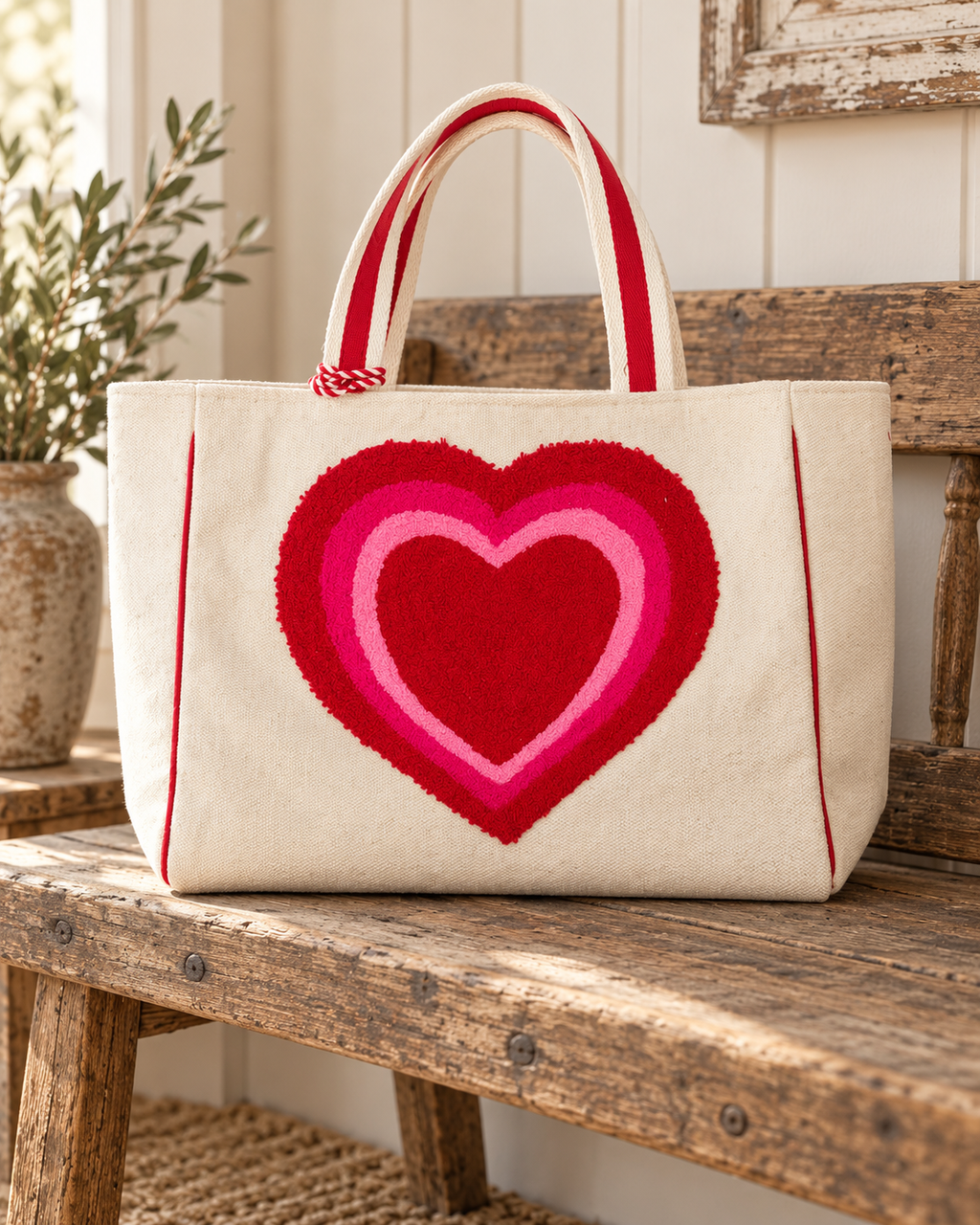 Layered Heart Tote Bag displayed on rustic wooden bench showing natural canvas body with large textured punch needle layered heart in red hot pink and light pink with red striped handles and red trim in farmhouse porch setting
