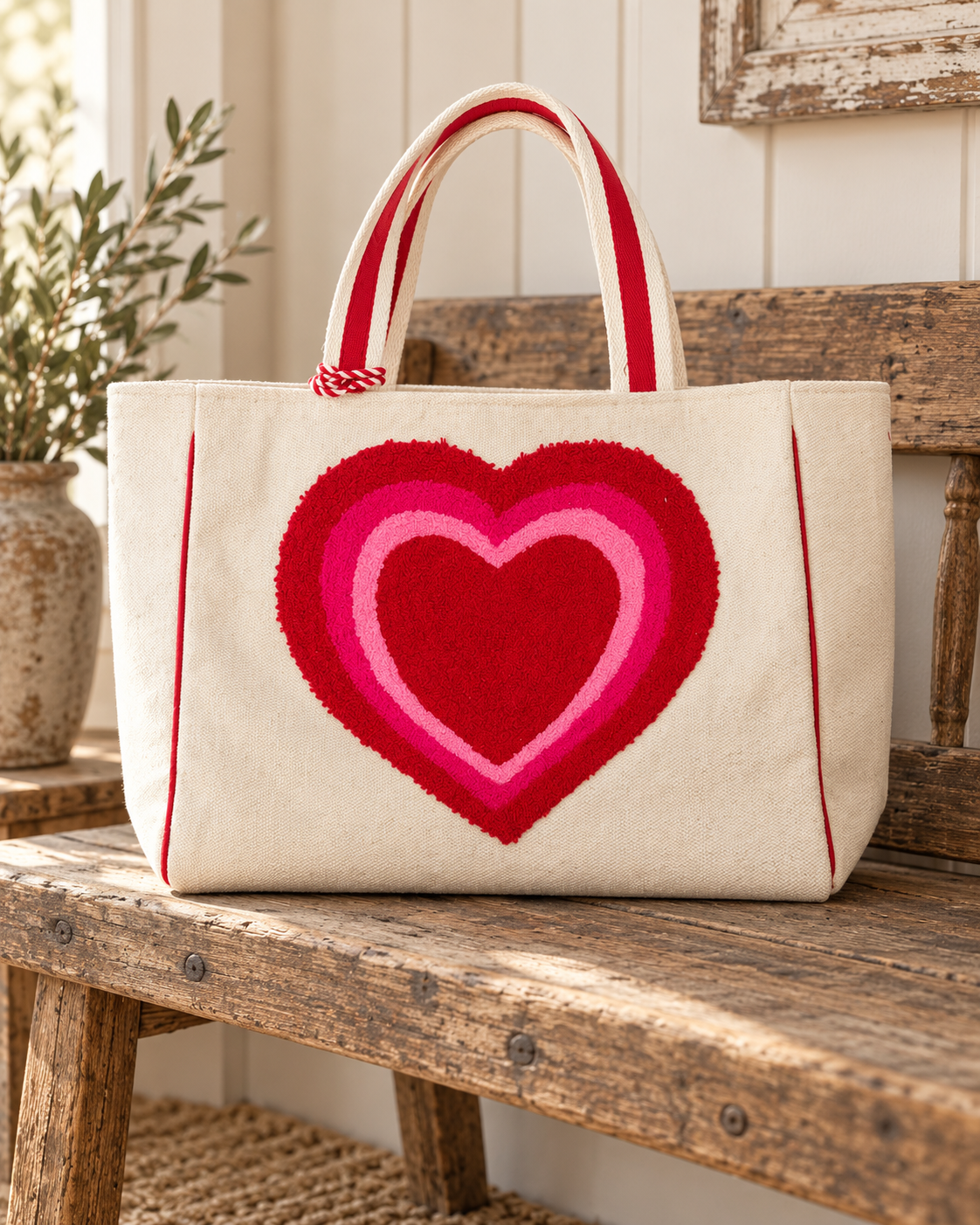 Layered Heart Tote Bag displayed on rustic wooden bench showing natural canvas body with large textured punch needle layered heart in red hot pink and light pink with red striped handles and red trim in farmhouse porch setting
