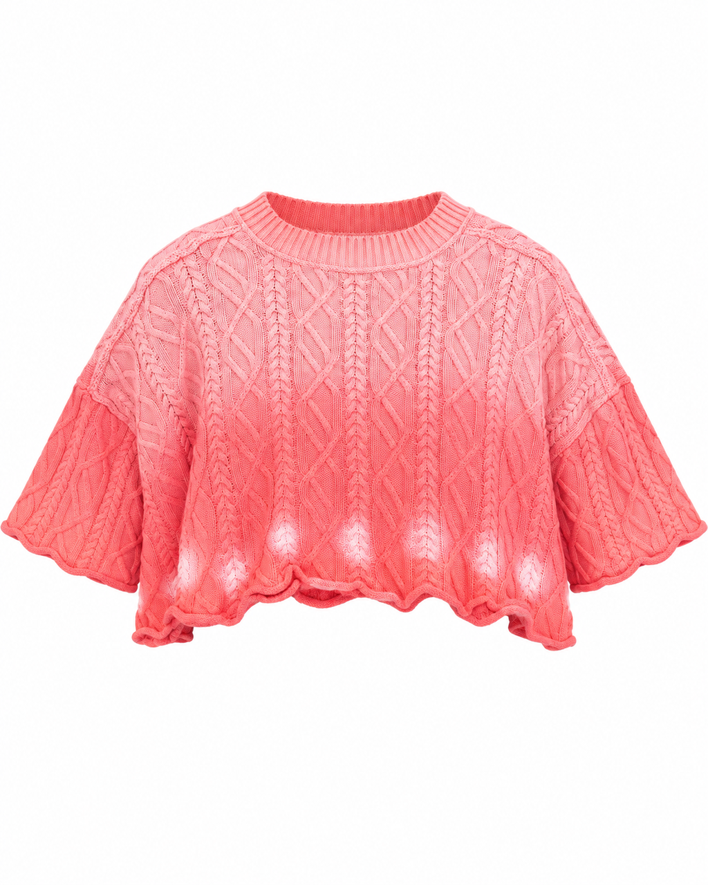 Front view of the bright pink cropped cable-knit sweater laid flat on a white background

