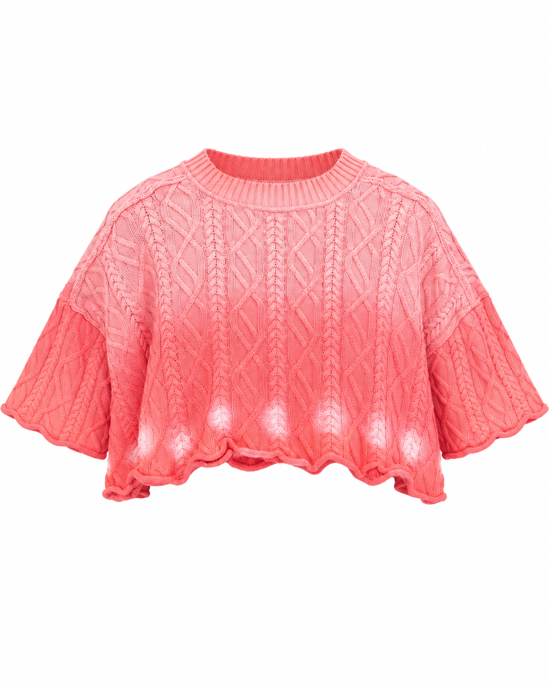 Front view of the bright pink cropped cable-knit sweater laid flat on a white background

