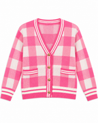 Pink Plaid Gold Button Knit Cardigan front view showing pink and white buffalo plaid pattern, V-neck with striped trim, antique gold dome buttons, two front patch pockets with striped trim, and striped ribbed hem and cuffs on white background

