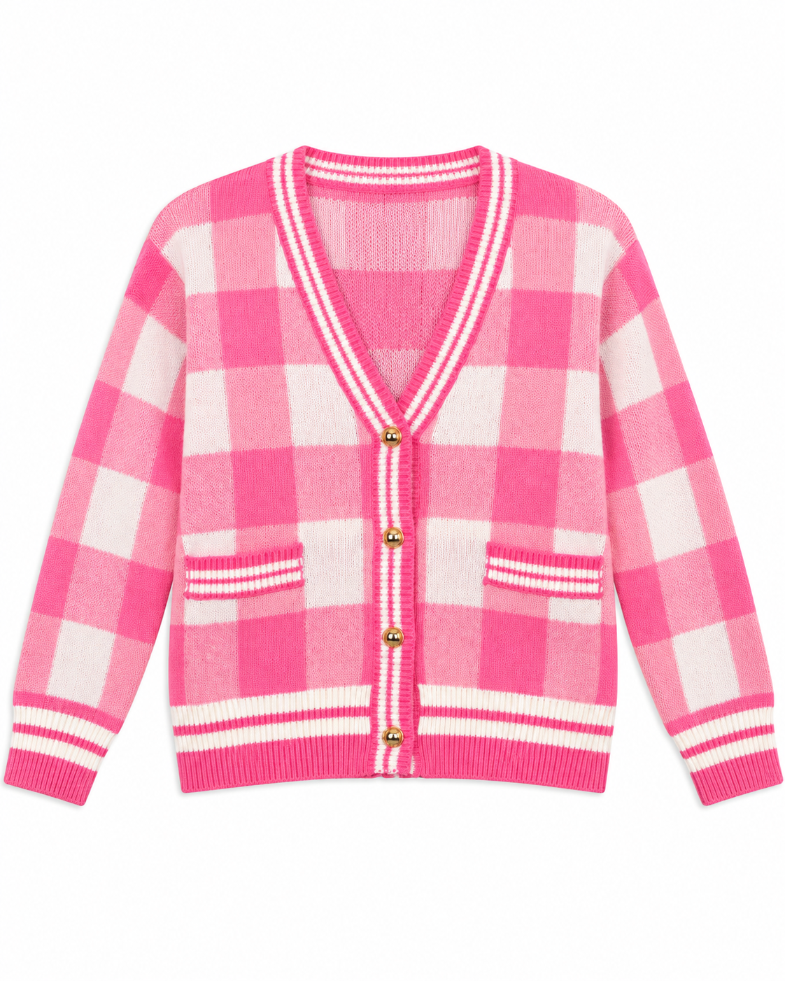 Pink Plaid Gold Button Knit Cardigan front view showing pink and white buffalo plaid pattern, V-neck with striped trim, antique gold dome buttons, two front patch pockets with striped trim, and striped ribbed hem and cuffs on white background
