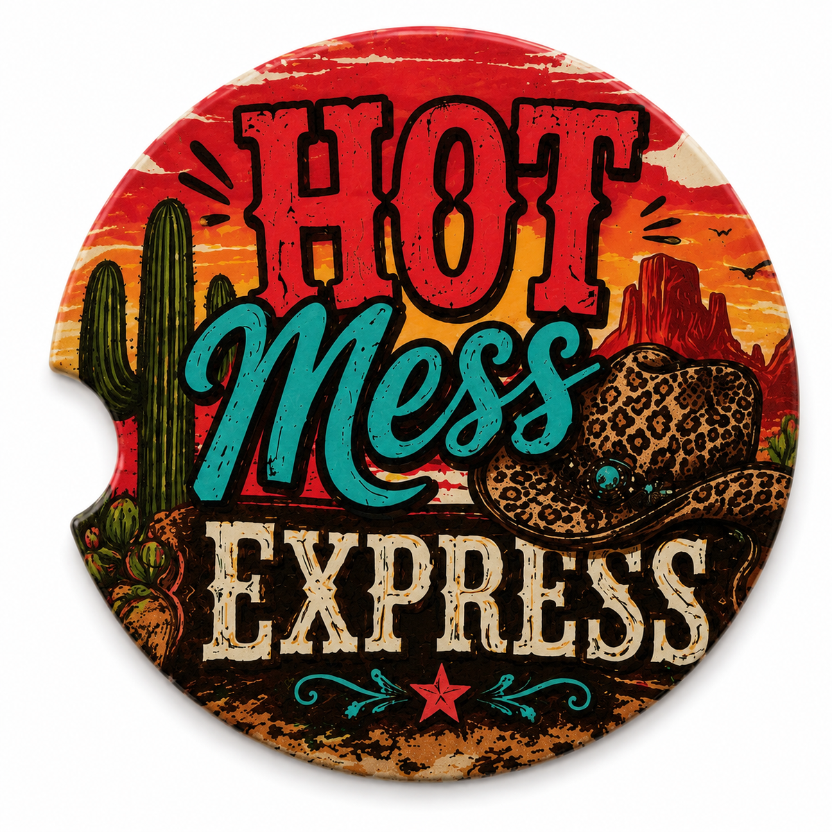 Hot Mess Express ceramic car coaster with retro western desert sunset, cactus, and leopard print cowboy hat design on white background
