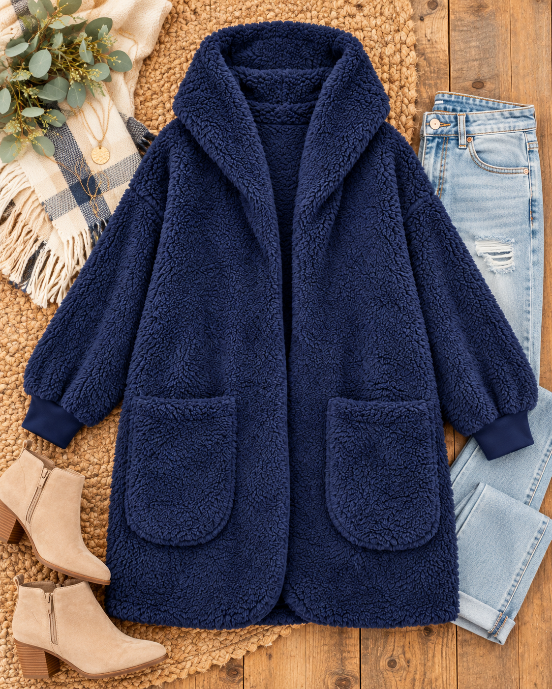 Navy sherpa hooded body wrap cardigan laid flat in a styled lifestyle photo
