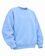 Angled front view of the plain light blue sweatshirt showing its crew neckline, long sleeves, and ribbed trim
