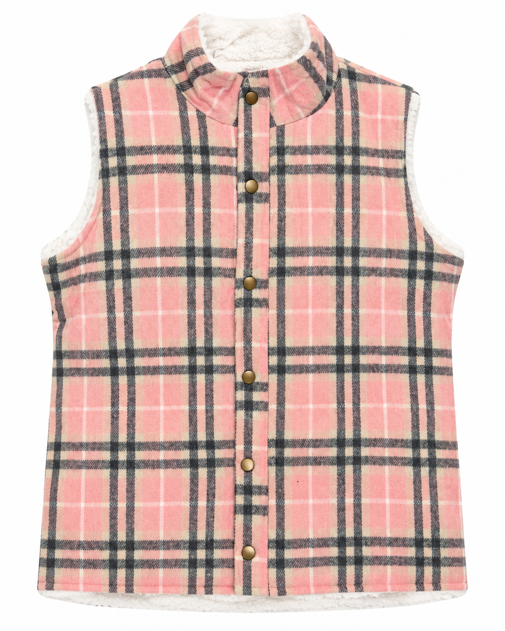 Front view of the pink plaid fleece-lined vest with bronze-tone snaps, a stand-up collar, and white lining visible at the edges
