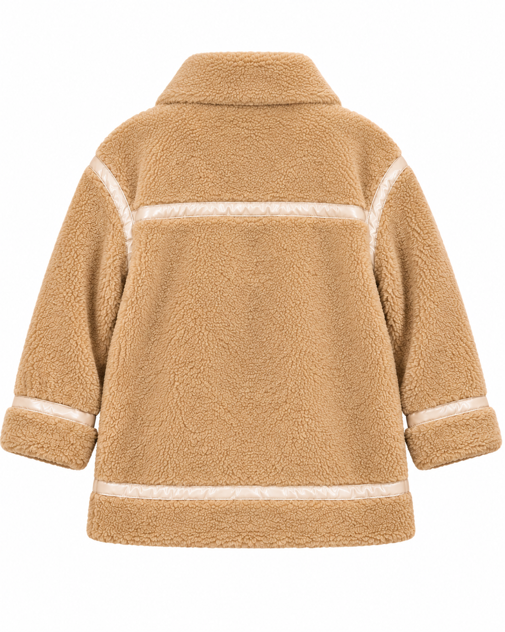 Back view of the tan sherpa jacket showing contrast trim across the shoulders and lower hem
