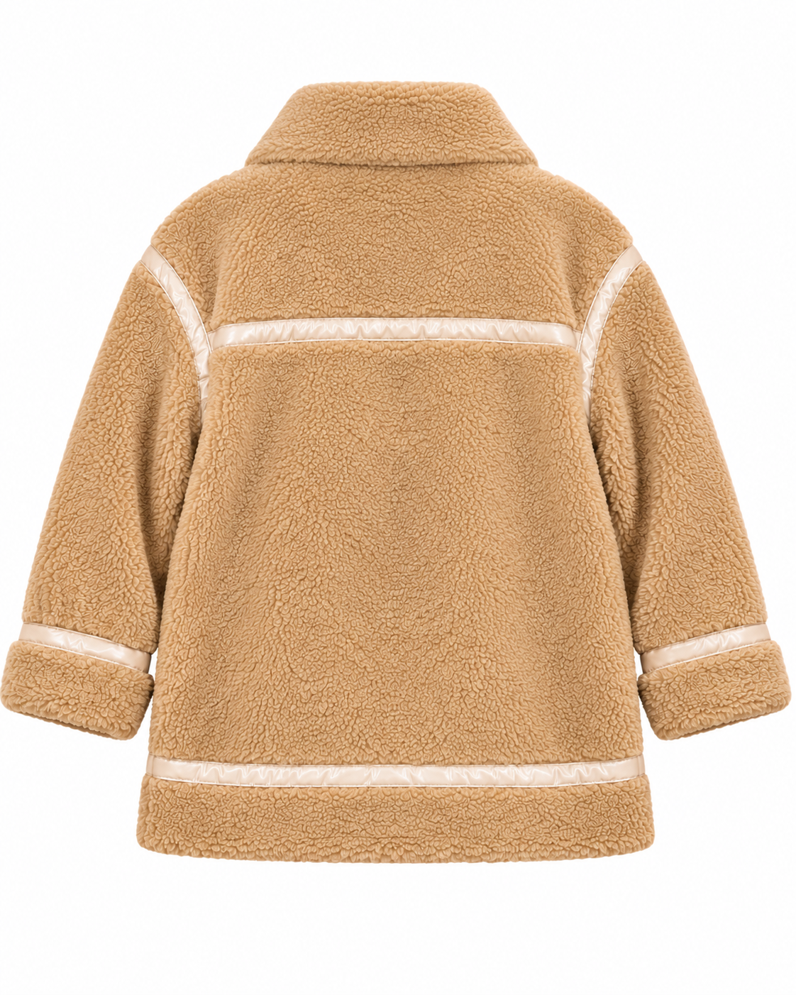 Back view of the tan sherpa jacket showing contrast trim across the shoulders and lower hem
