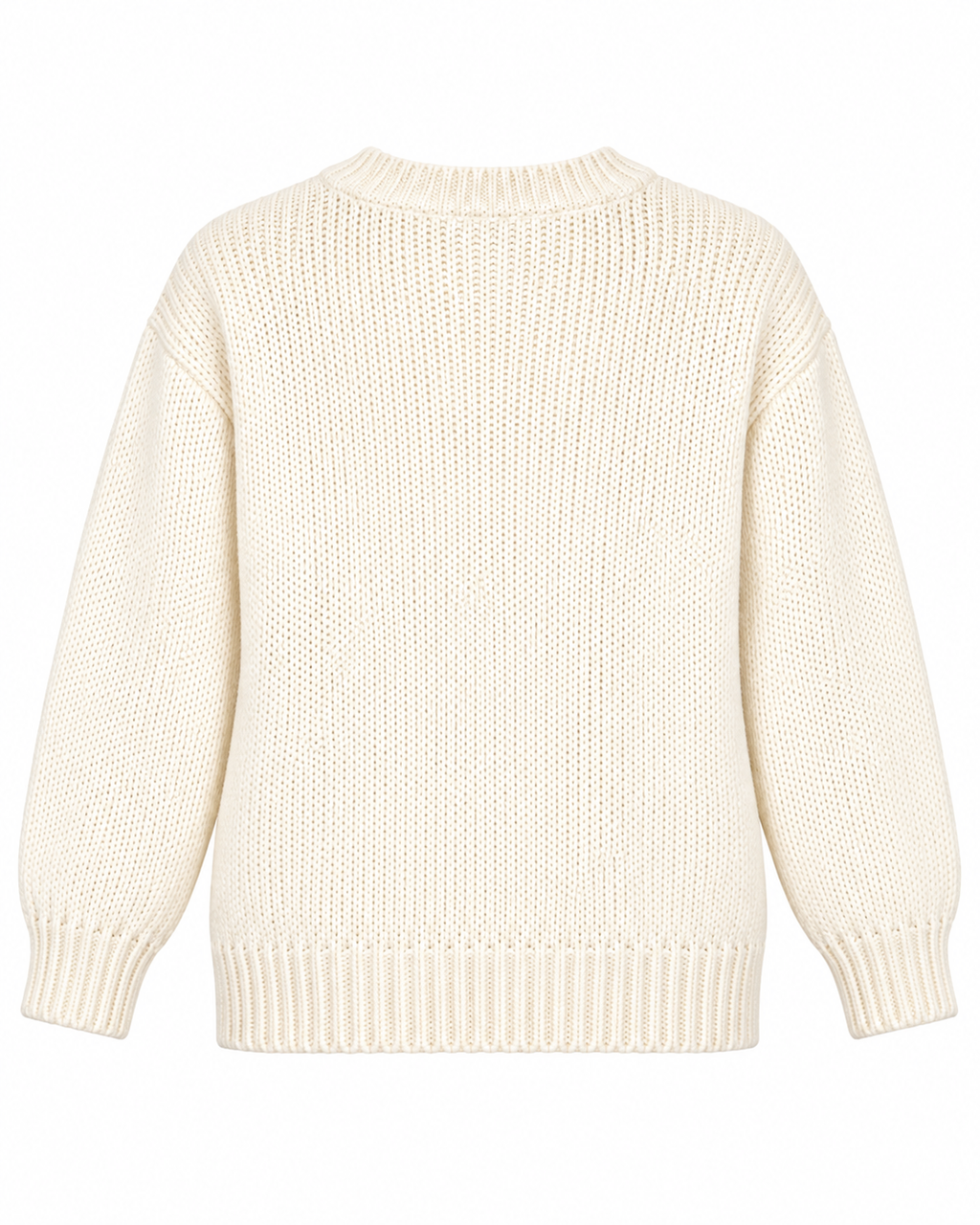 Back view of Cream Floral Knit Stitched Sweater showing clean cream ribbed knit back panel with no floral appliqués, ribbed crew neckline, balloon-style sleeves, and ribbed cuffs and hem on white background
