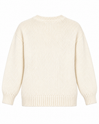 Back view of Cream Floral Knit Stitched Sweater showing clean cream ribbed knit back panel with no floral appliqués, ribbed crew neckline, balloon-style sleeves, and ribbed cuffs and hem on white background
