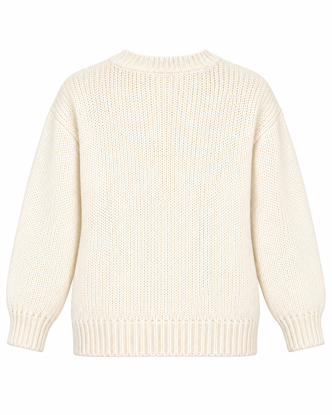 Back view of Cream Floral Knit Stitched Sweater showing clean cream ribbed knit back panel with no floral appliqués, ribbed crew neckline, balloon-style sleeves, and ribbed cuffs and hem on white background
