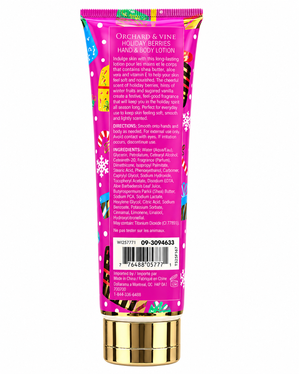 Back of the Holiday Berries lotion tube showing scent details, directions, cautions, ingredients, and barcode
