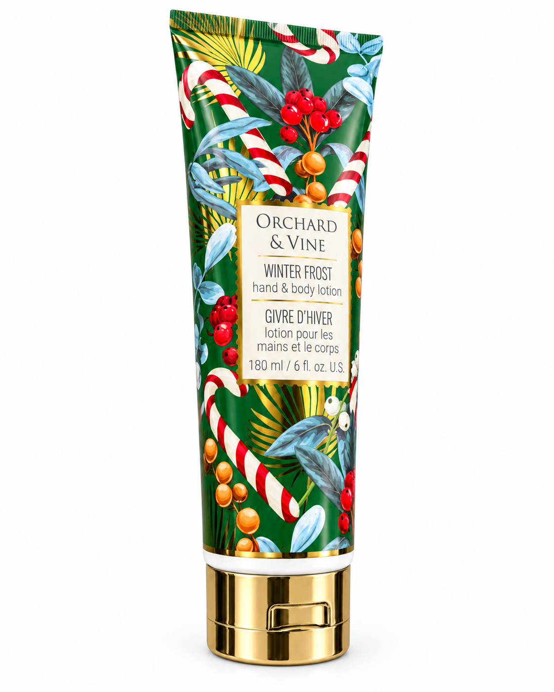Angled view of the Winter Frost lotion tube showing festive green packaging, candy canes, berries, and a gold-tone flip-top cap
