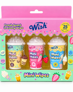 Close-up of the three mini wipe cups showing scent labels, 25 wipes per cup, and matching milk tea, strawberry, and ice cream charms
