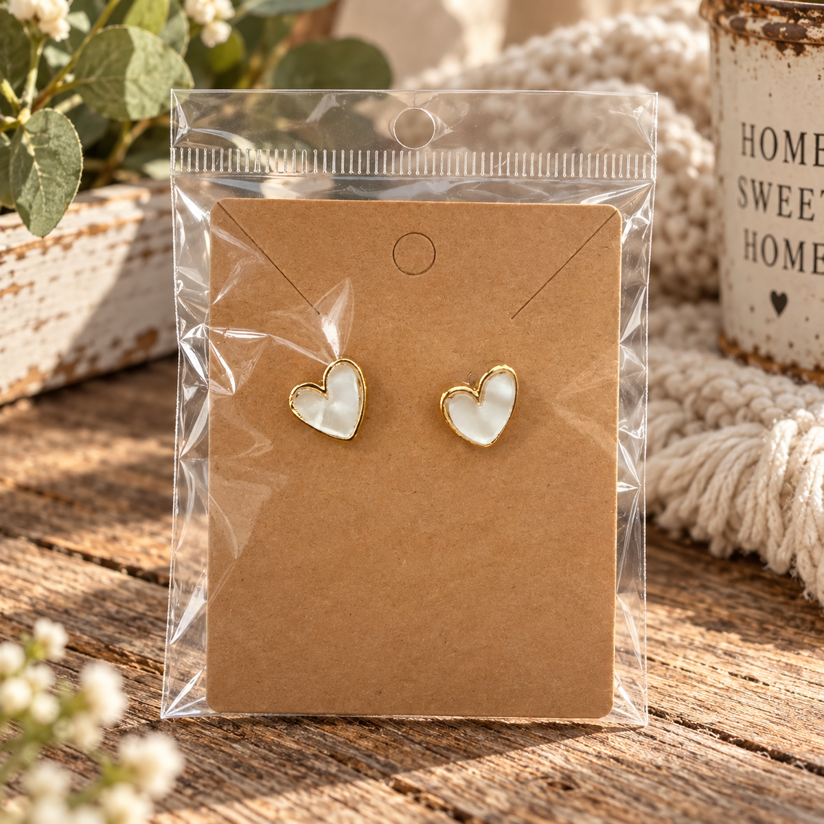 Pearl heart stud earrings with gold-tone trim on kraft card in clear packaging on rustic wood surface with Home Sweet Home mug, macrame coaster, eucalyptus, and baby's breath
