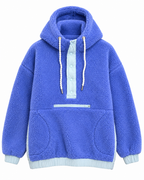 Front view of the blue sherpa pullover hoodie showing light blue snap placket, white drawstrings, zippered pocket, hand pockets, cuffs, and hem
